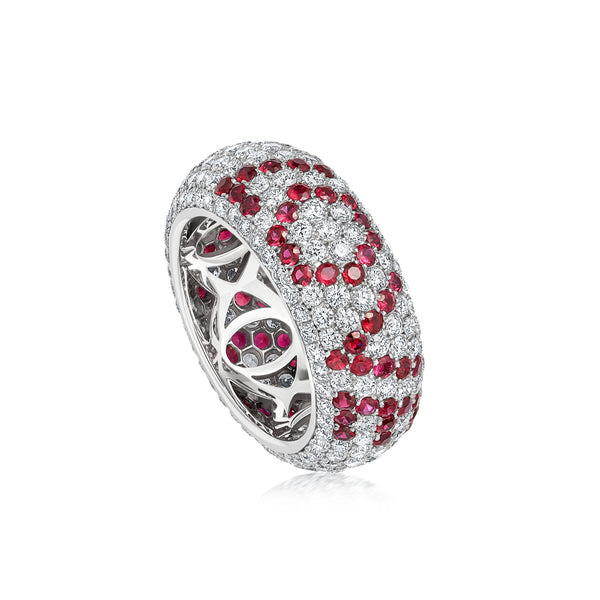 Starlight Seven Row Diamond and Ruby "LOVE" Ring