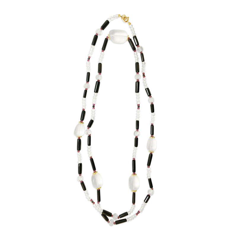 Peacock Necklace with Rock Crystal, Garnet, Onyx and Black Spinel in 18kt Yellow Gold