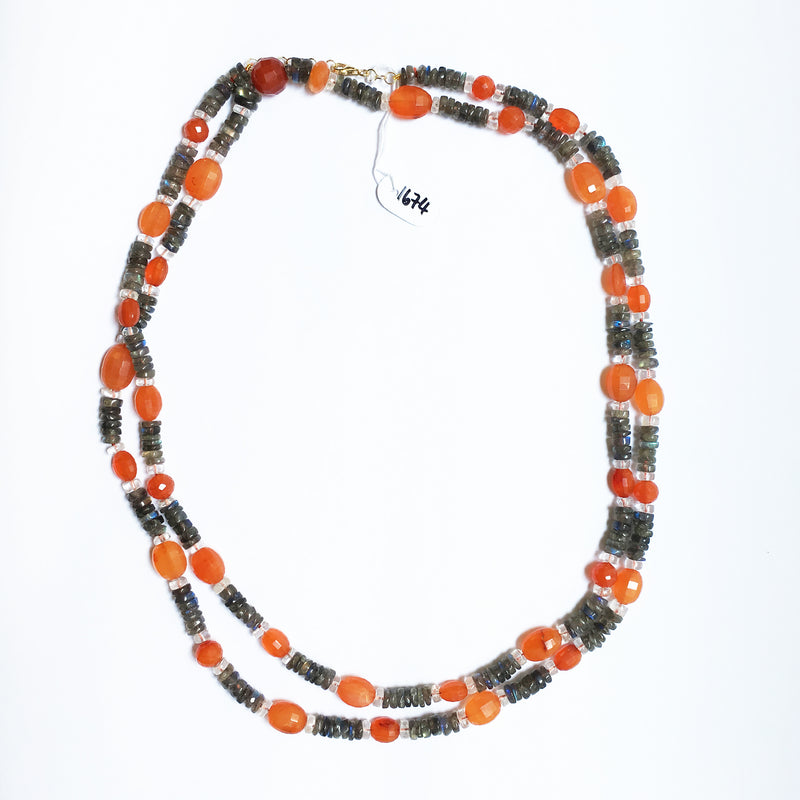 Peacock Necklace with Labradorite, Carnelian and Rock Crystal in 18kt Yellow Gold