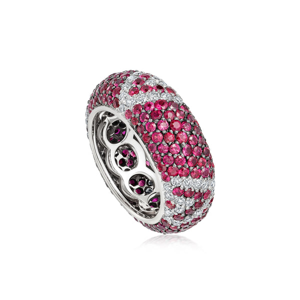 Starlight Seven Row Ruby and Diamond White Gold Geometric Ring